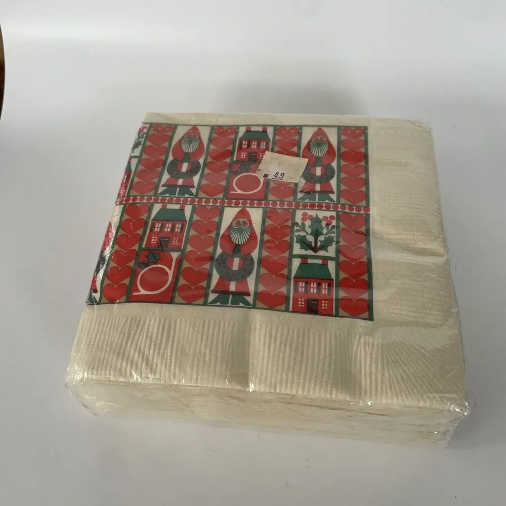 NOS Vintage Christmas Cocktail Napkins Package Of 50 Folk Art Santa Wreath New